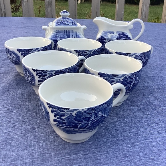 Antique Staffordshire Liberty Blue Sugar Creamer + 6 Teacups Blue White